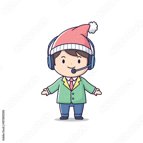 Cartoon boy wearing headset and Santa hat stands smiling with arms outstretched.
