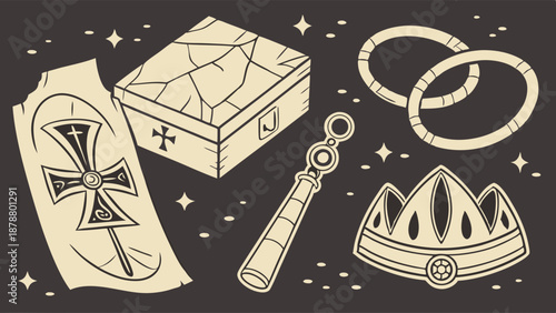 Ancient Treasure Chest Artifacts Crown Jewelry Map for Fantasy Game Design Adventure Quest Assets