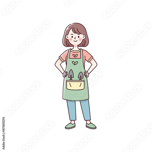A smiling woman gardener holding tools in her apron pocket, standing confidently in a simple illustration.