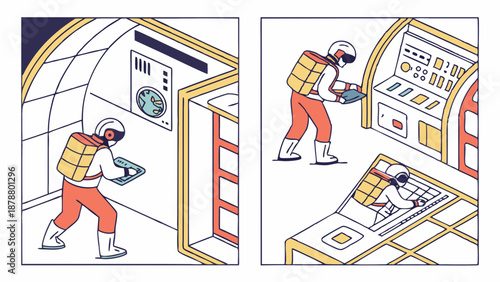 Astronaut Technician Inspecting Interior Spaceship Panels and Console for Space Mission Repair and Maintenance