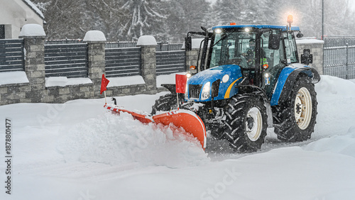 Tractor with a snow plow clear snow from the road after blizzard. Winter road maintenance.