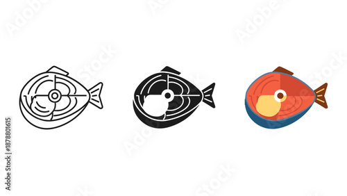 Three fish with bullseye targets on their bodies in black and white and color