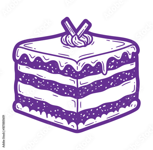 Purple cake slice with white frosting and two crossed forks on top isolated on white background