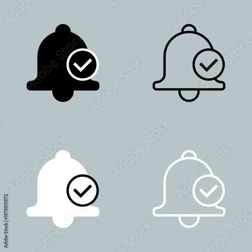 Set of Bell Notification Icons with Check Symbol Representing Active Alerts and Confirmed Messages