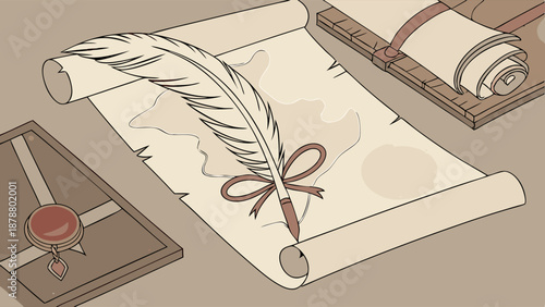 Vintage Quill Pen Writing on Aged Scroll Document with Wax Seal for Historical Contract or Decree Design Element