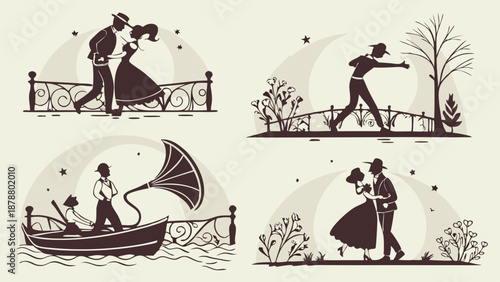 Vintage Silhouette Couples Dancing Boating Romance Outdoor Scenes for Retro Greeting Card Design or Nostalgic Illustration