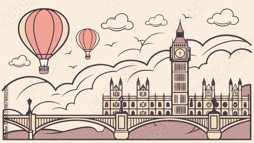 Vintage London Skyline with Big Ben Bridge and Hot Air Balloons for Travel Web Design Tourism Promotion