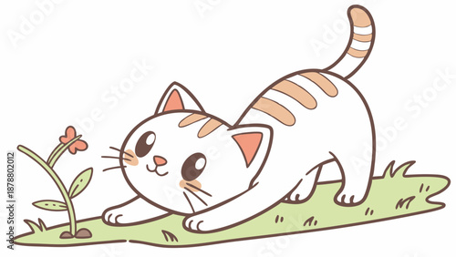 Cute Kitten Stretching Towards Butterfly on Flower for Children's Book Illustration or Pet Care Website Design