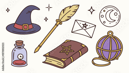 Witchcraft and Magic Symbols Collection for Occult Design Spells Potion Book Broom Icon Set