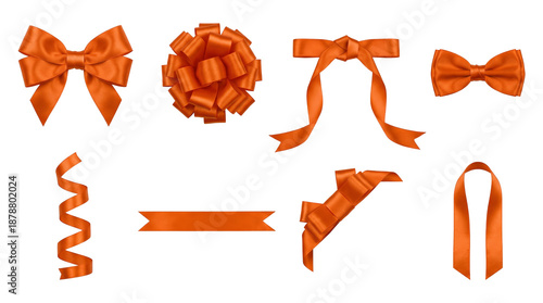 Wallpaper Mural Orange satin ribbon set including decorative gift bows, curls, and strips isolated. Birthday and holiday parcel wrapping collection. Torontodigital.ca