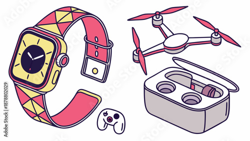 Modern Gadgets Collection Smartwatch Drone Wireless Earbuds Controller for Tech Advertising Web Design and Consumer Electronics Promotion