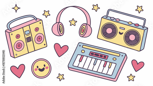 Cute Retro 80s 90s Music Boombox Keyboard Headphones Sticker Set for Youth Playlist Design