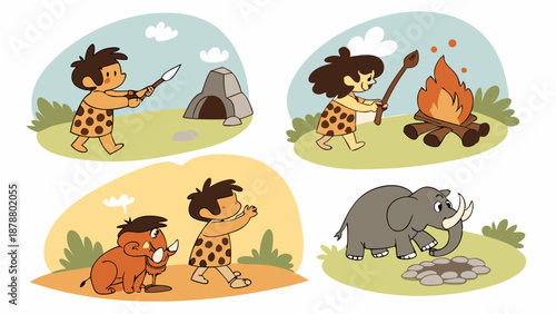 Caveman Life Evolution Hunting Fire Making Shelter Prehistoric Survival Education Infographic for Kids History Learning Materials