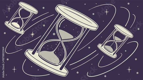 Cosmic Time Warp Three Hourglasses Floating Through Space for Deadline Pressure and Eternity Web Design Backgrounds