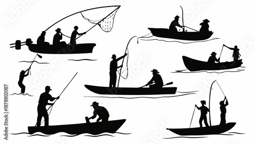 Silhouette Collection Of Diverse Anglers Fishing From Boats And Wading For Summer Sport Recreation Vacation Design Elements