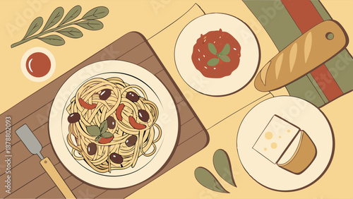 Rustic Italian Spaghetti Dinner with Olives Cheese and Baguette for Restaurant Menu Design