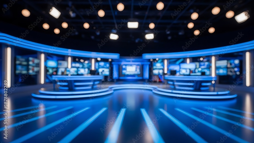 Fototapeta premium Modern News Studio Virtual Set | Blue Broadcast Stage Background HD