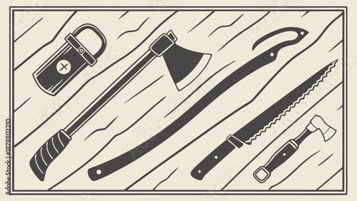 Rustic Survival Tools and Camping Gear Collection for Outdoor Adventure and Bushcraft Design Projects