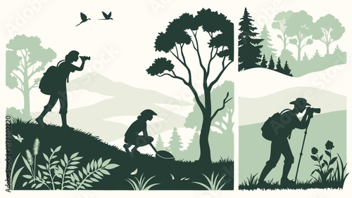 Outdoor Nature Hobbyists Birdwatching Hiking and Wildlife Photography Silhouettes for Eco Tourism and Adventure Travel Design