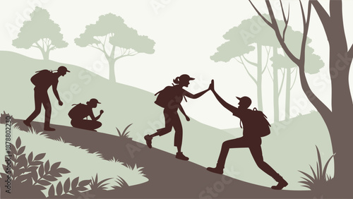 Hikers Ascending Steep Trail High Fiving for Teamwork Success Outdoor Adventure Support for Travel Blogs and Fitness Websites