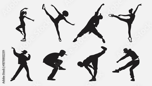 Diverse Dancers Silhouettes Performing Ballet Hip Hop Jazz Moves for Fitness Class Promotion or Sports Website Design