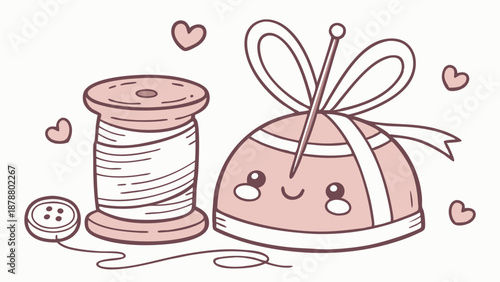 Cute Kawaii Sewing Kit with Thread Spool and Pincushion for Crafting Hobby Design Projects