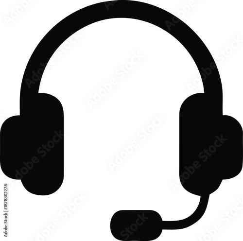 Black Headset Icon with Microphone on White Background