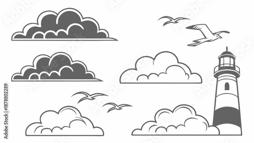 Nautical Lighthouse and Seagulls Flying Over Stylized Cumulus Clouds for Coastal Travel Web Design and Maritime Adventure Graphics