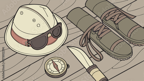 Adventure Gear Flat Lay Safari Hat Boots Compass Knife for Travel Exploration Web Design Background