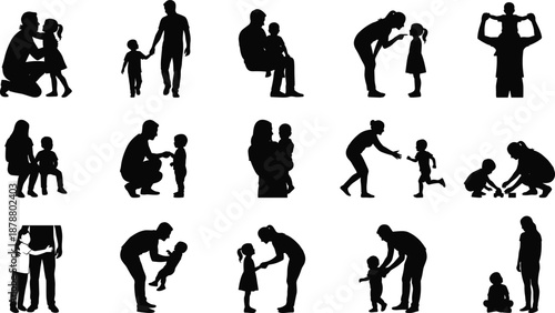 Father and child silhouettes set showing loving parenting moments playing teaching holding and caring activities isolated on white background family relationship illustration collection