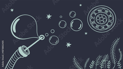 Whimsical Soap Bubble Blowing Fun for Kids Parties and Dreamy Website Backgrounds Serene Night Sky Design
