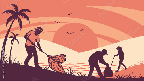 Volunteers Cleaning Beach Shoreline at Sunset for Environmental Awareness Campaign or Eco-Friendly Promotion