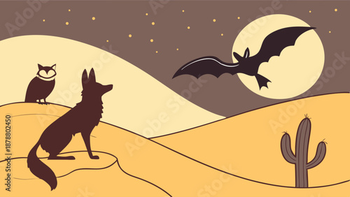 Nocturnal Desert Scene with Coyote Owl and Bat Silhouettes Against Full Moon for Wildlife Education or Spooky Halloween Design Projects