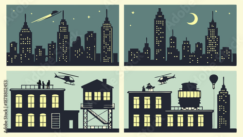 Night City Skyline Rooftop Operations with Helicopters and Water Towers for Cinematic Thriller or Urban Development Projects