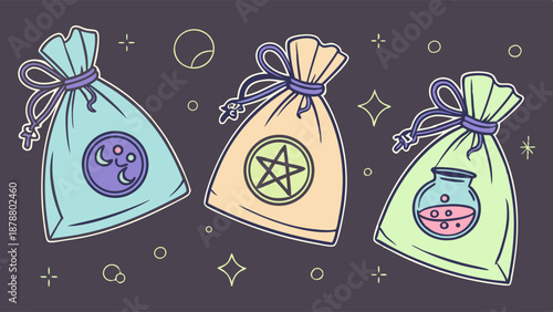Mystical Witchcraft Spell Bags with Celestial Moon Pentagram Potion Icons for Occult Design Projects