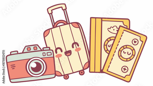 Cute Kawaii Travel Essentials Grouping for Vacation Planning Happy Luggage Camera Passport Money for Tourism Web Design