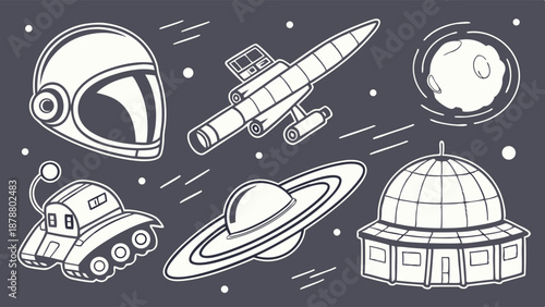 Retro Space Exploration Icons Set Astronaut Helmet Rocket Planet Rover for Science Education Web Design Graphics