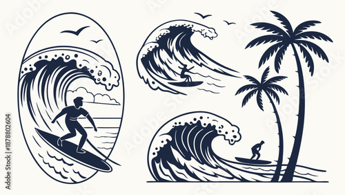 Dynamic Surfing Waves and Palm Trees Vintage Illustration for Summer Beach Sports Apparel Design Travel Poster T-Shirt Graphic