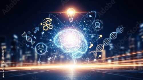 Wallpaper Mural Digital brain concept with glowing icons over a dark city road. Torontodigital.ca