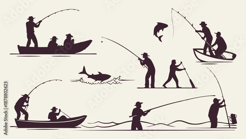 Diverse Fishermen Silhouettes Enjoying Sport Fishing Activities on Boat and Shore for Outdoor Recreation Web Design