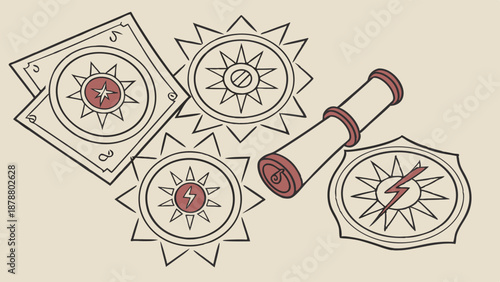 Vintage Navigation Tools and Compass Icons for Discovery Research Adventure and Exploration Design Projects