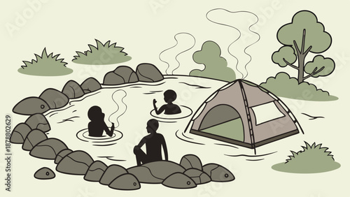 Relaxing Outdoor Hot Spring Camping Scene People Bathing Near Tent for Travel Tourism Vacation Design