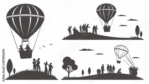 Hot Air Balloon Festival Silhouettes People Celebrating Outdoor Adventure Travel Tourism Summer Event Design Elements
