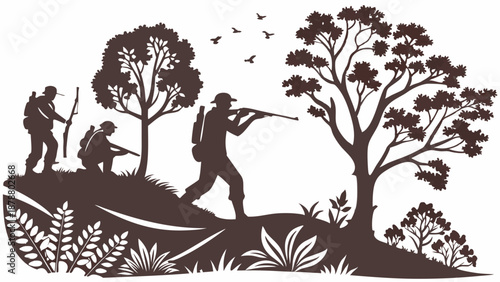 Silhouette Soldiers Hunting Through Dense Forest Underbrush for Adventure Gaming or Military Web Design Projects