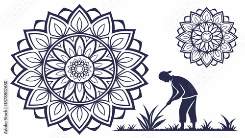 Gardening Silhouette with Intricate Mandala Flower Designs for Organic Farming Wellness and Spiritual Design Projects