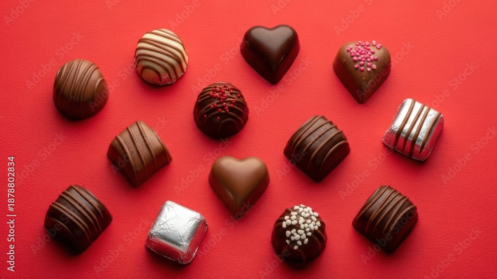 Obraz premium Assortment of chocolate candies arranged on a bright red background.