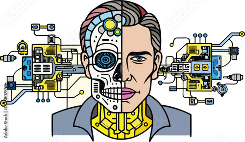 Colorful illustration depicting a half human and half robot face representing artificial intelligence isolated on transparent background, Vector