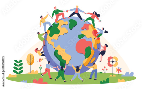 A colorful illustration of people from around the world working together to support the Earth