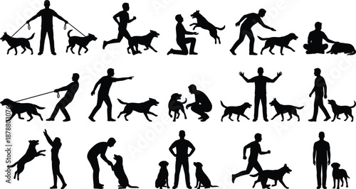 Man and dog silhouettes set showing walking training playing running and bonding activities between people and pets isolated on white background lifestyle illustration collection