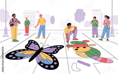 A colorful vector illustration of people playing with chalk on a sidewalk with a butterfly and turtle design